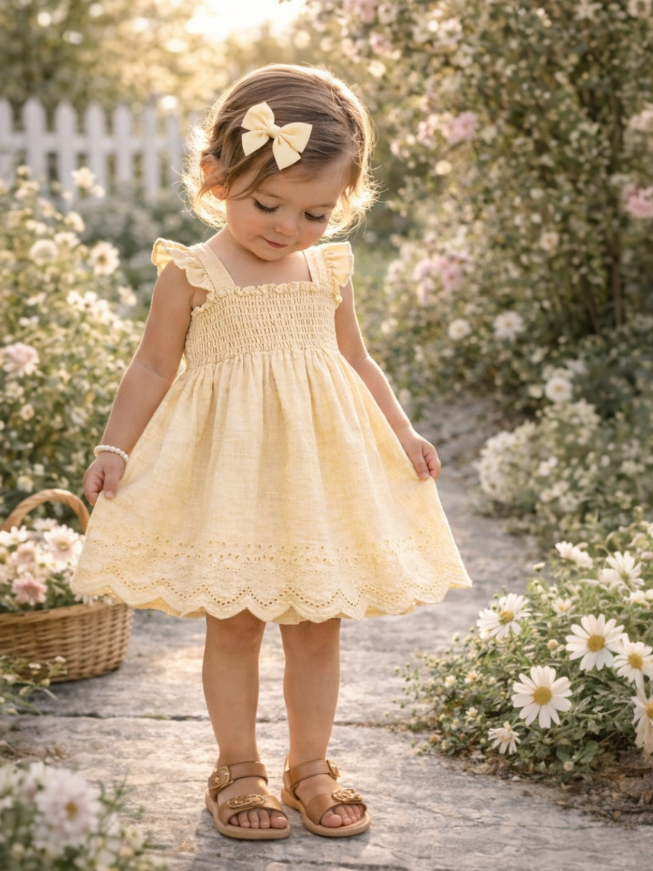 Girl in a yellow dress and bow, standing on a stone path surrounded by flowers in a sunlit garden.