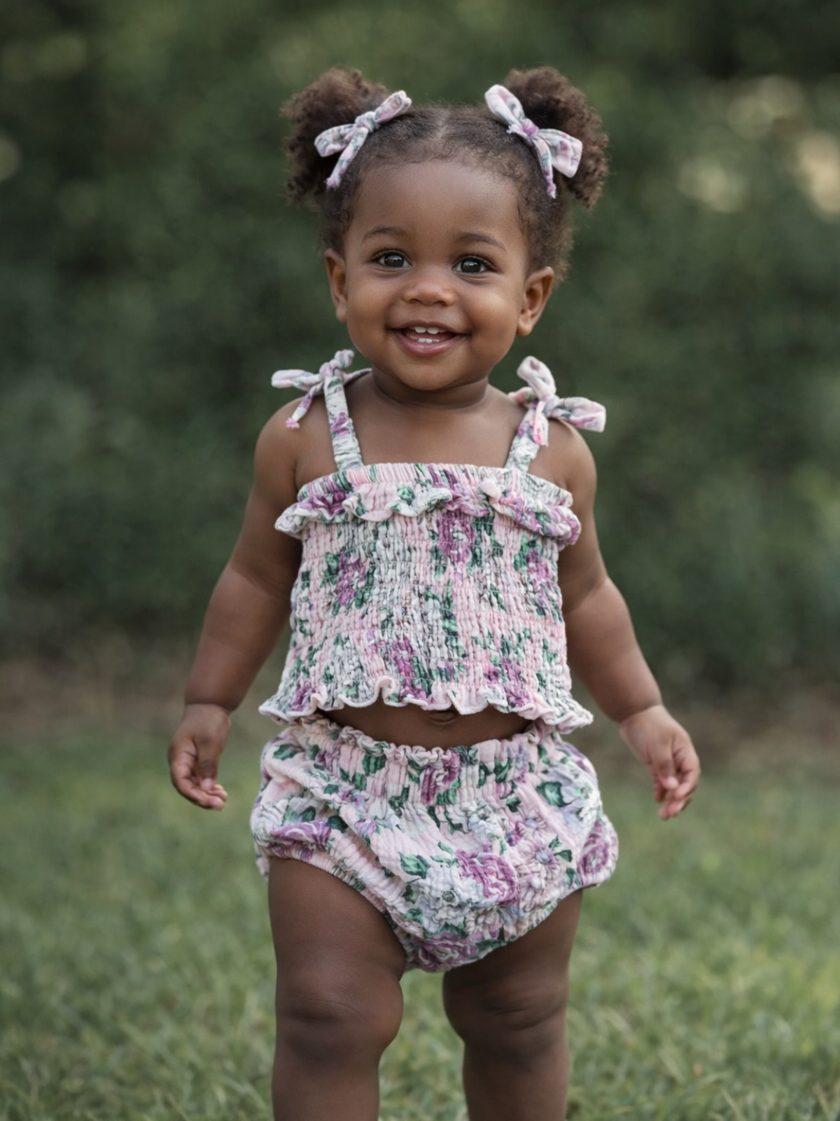 Smiling toddler in floral outfit stands in grass, wearing matching hair bows and displaying joyful expression.