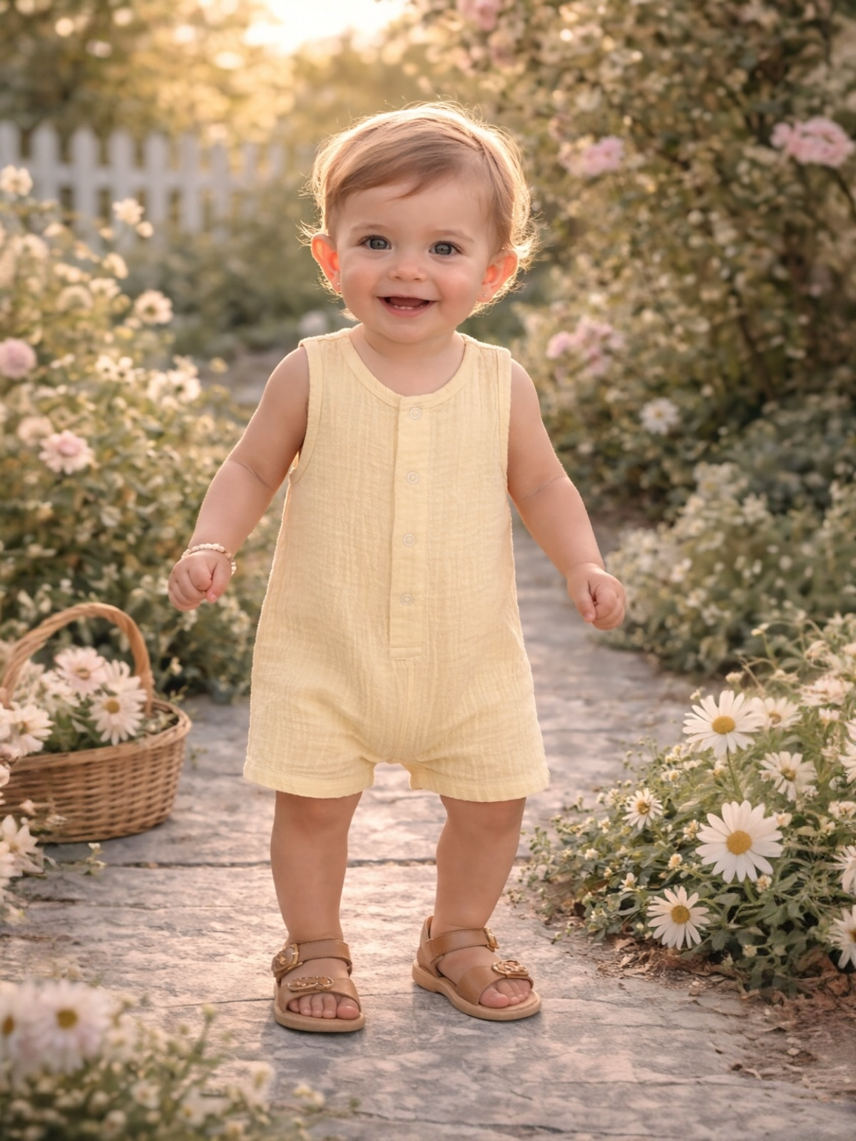 Smiling toddler in a yellow romper stands on a stone path surrounded by flowers, basking in warm sunlight.
