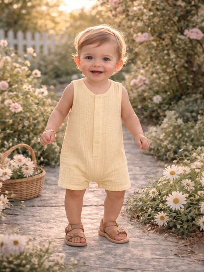 Smiling toddler in a yellow romper stands on a stone path surrounded by flowers, basking in warm sunlight.