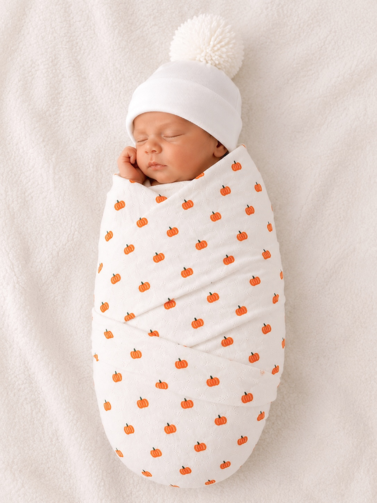 Sleeping newborn wrapped in pumpkin-patterned blanket, wearing a white pom-pom hat on a soft background.