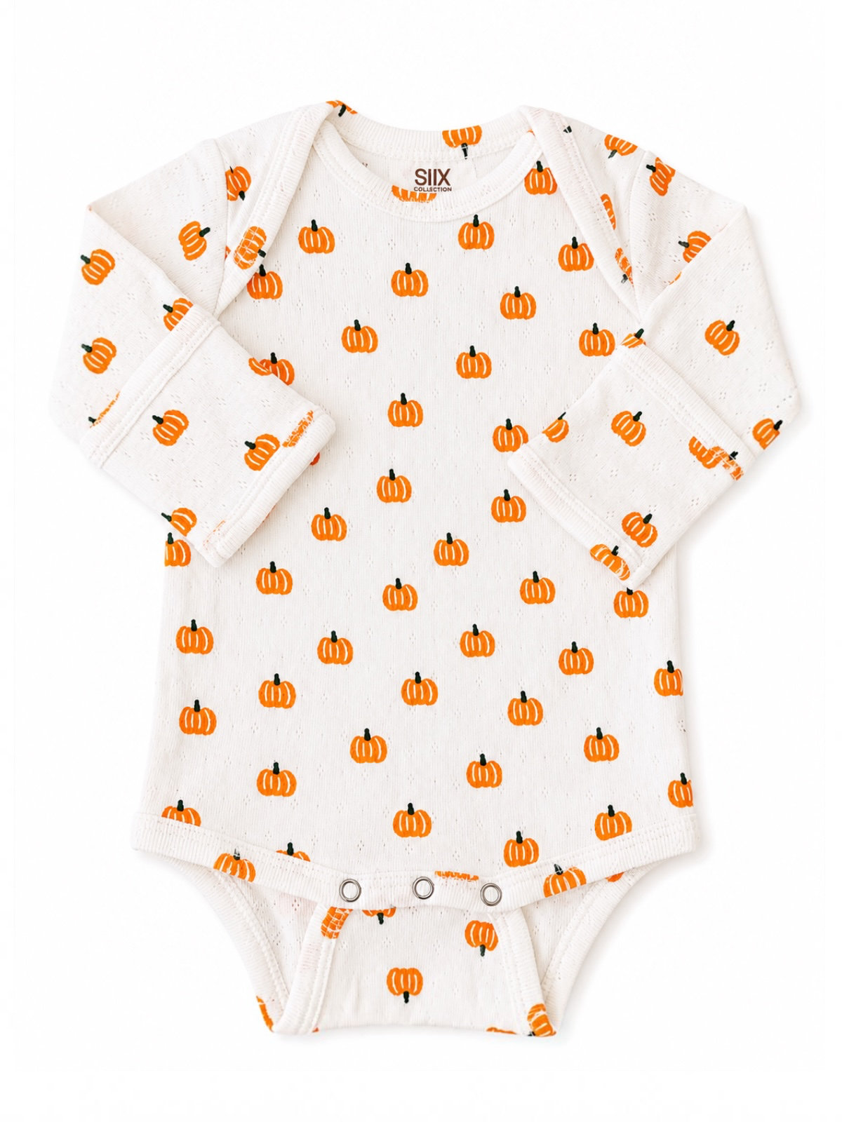 White long-sleeve baby onesie with an orange pumpkin pattern, perfect for fall or Halloween.