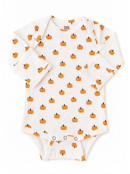 White long-sleeve baby onesie with an orange pumpkin pattern, perfect for fall or Halloween.