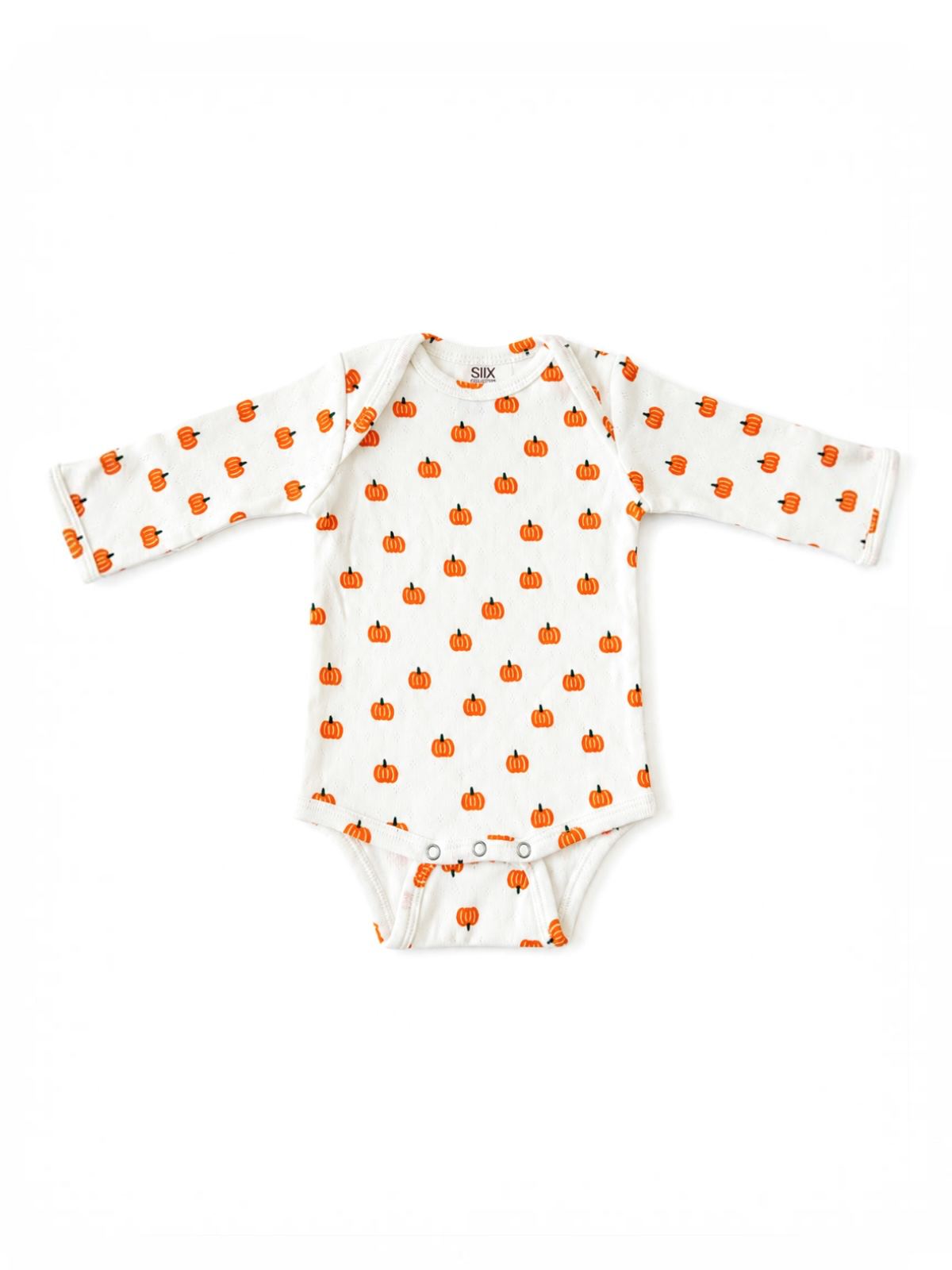 White long-sleeve onesie with a pattern of small orange pumpkins. Perfect for fall or Halloween.