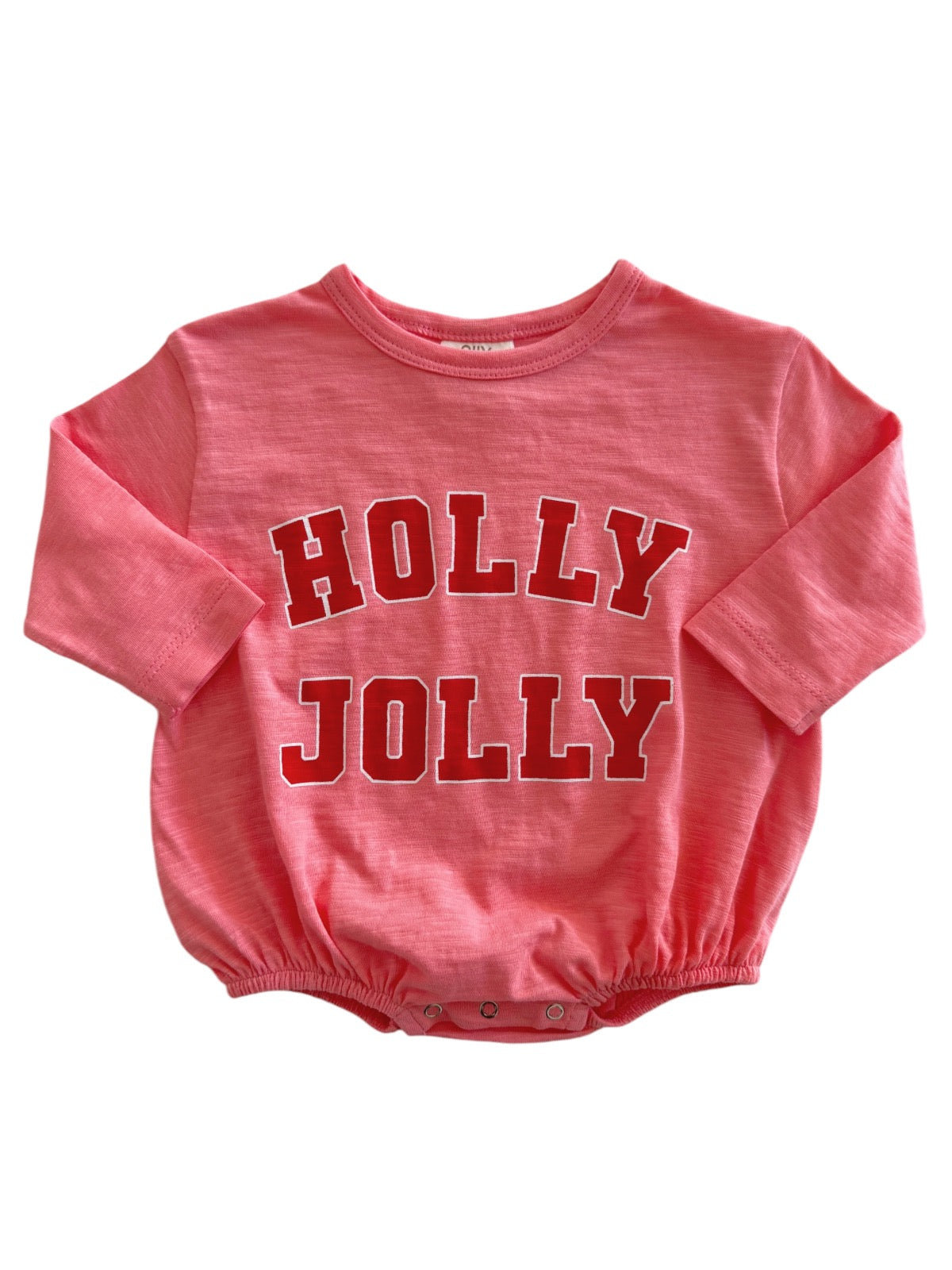 Light pink baby onesie with the text "HOLLY JOLLY" in bold red letters on the front.
