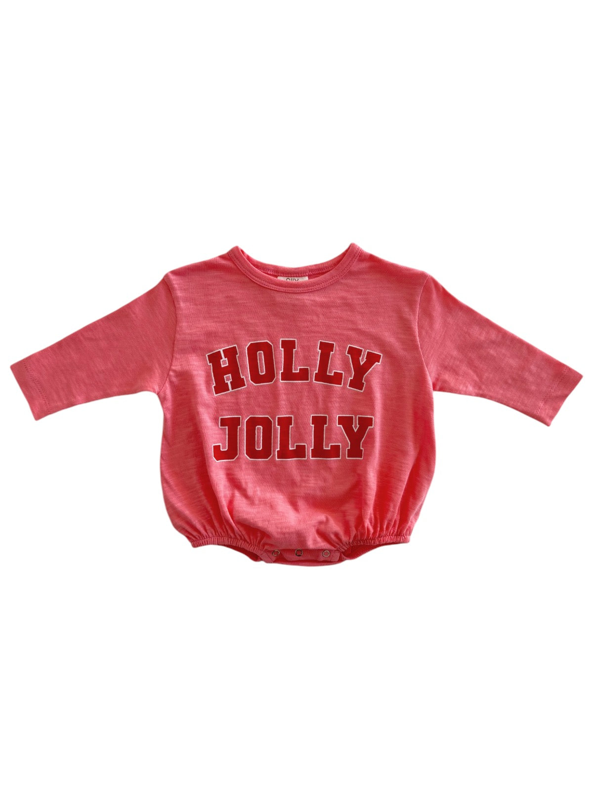 Pink long-sleeve baby bodysuit with "HOLLY JOLLY" printed in bold, festive letters.
