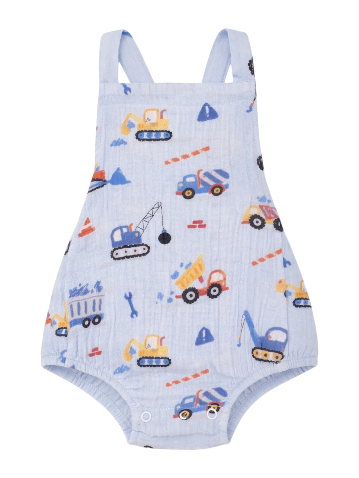 Blue baby romper with colorful construction vehicle patterns, featuring excavators, trucks, and tools.