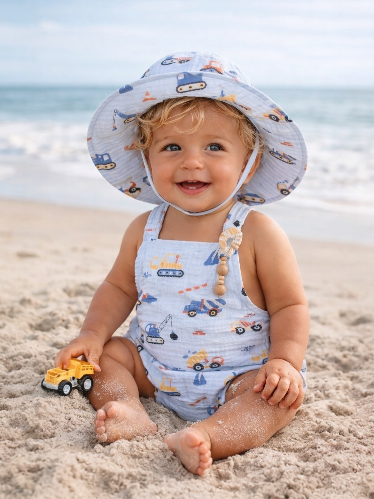 Smiling toddler in blue hat and overalls playing with a toy truck on sandy beach, with ocean in background.
