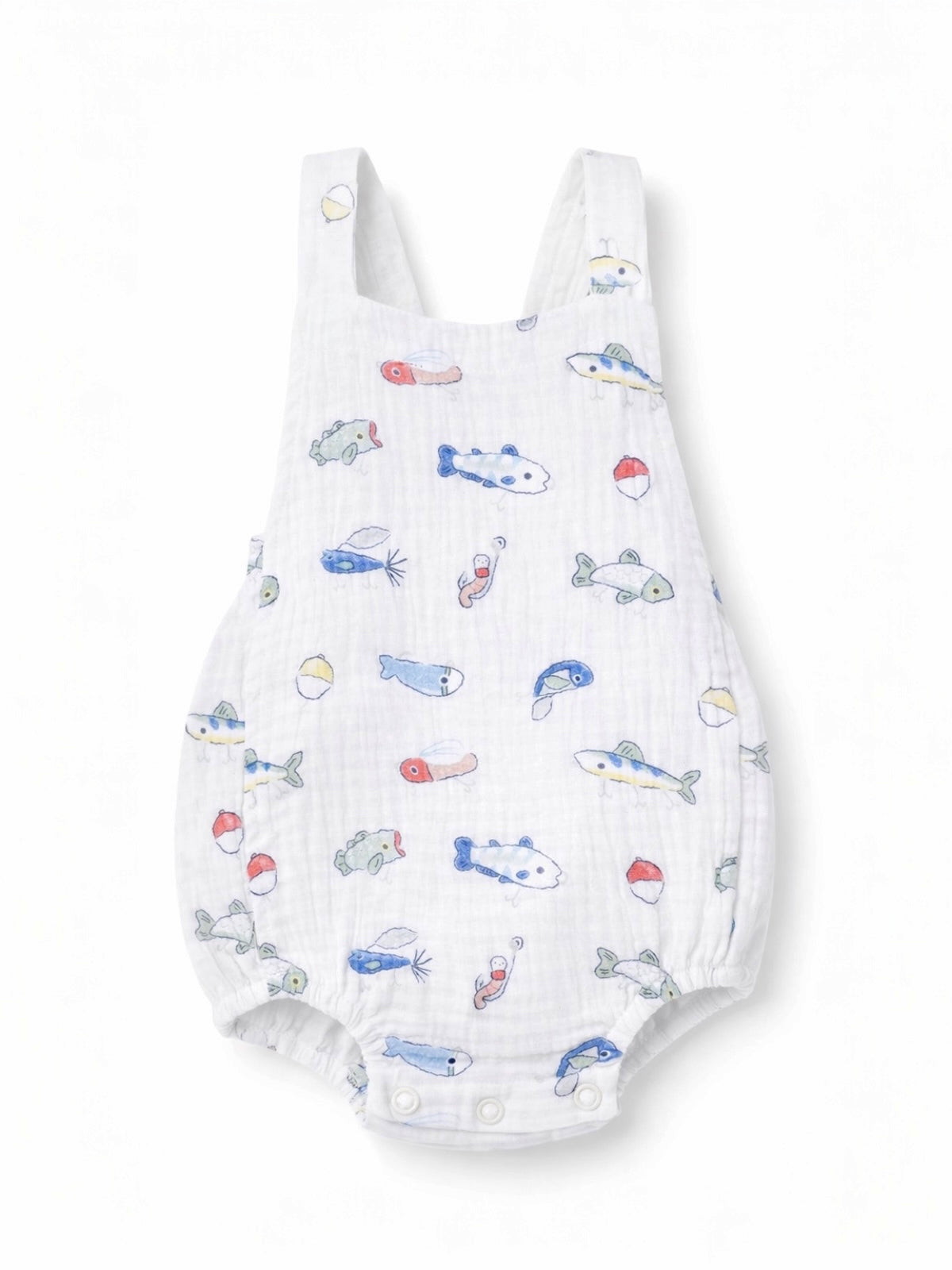 Lightweight baby romper featuring colorful fish and marine patterns on a white background. Ideal for warm weather wear.