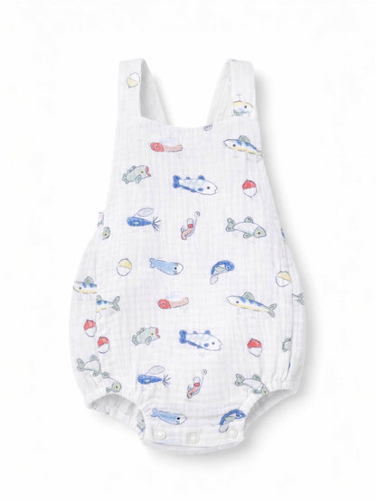 Lightweight baby romper featuring colorful fish and marine patterns on a white background. Ideal for warm weather wear.