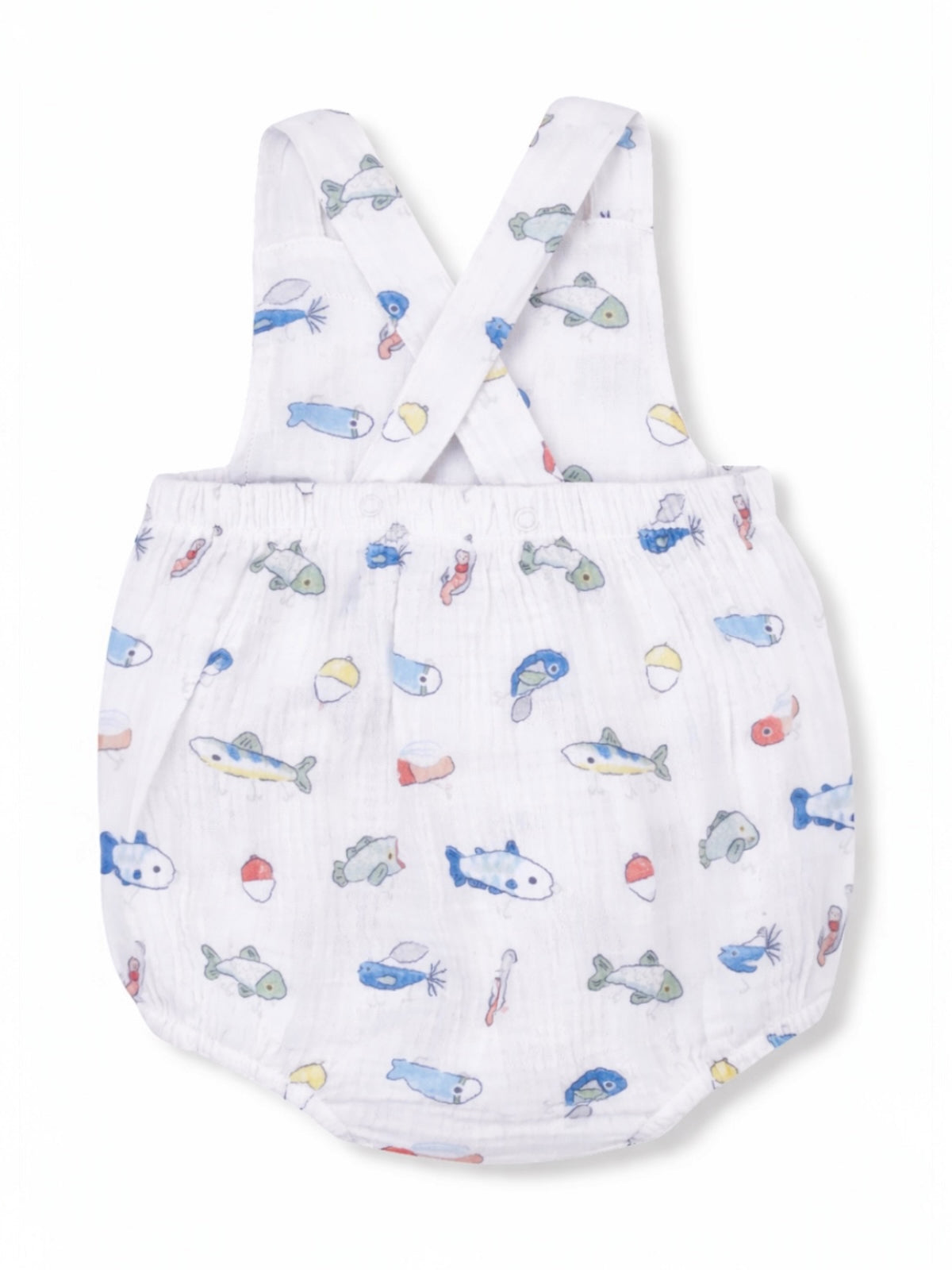Boys' fish-patterned romper with cross-back straps and soft fabric, ideal for warm weather.