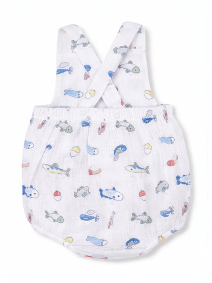 Boys' fish-patterned romper with cross-back straps and soft fabric, ideal for warm weather.
