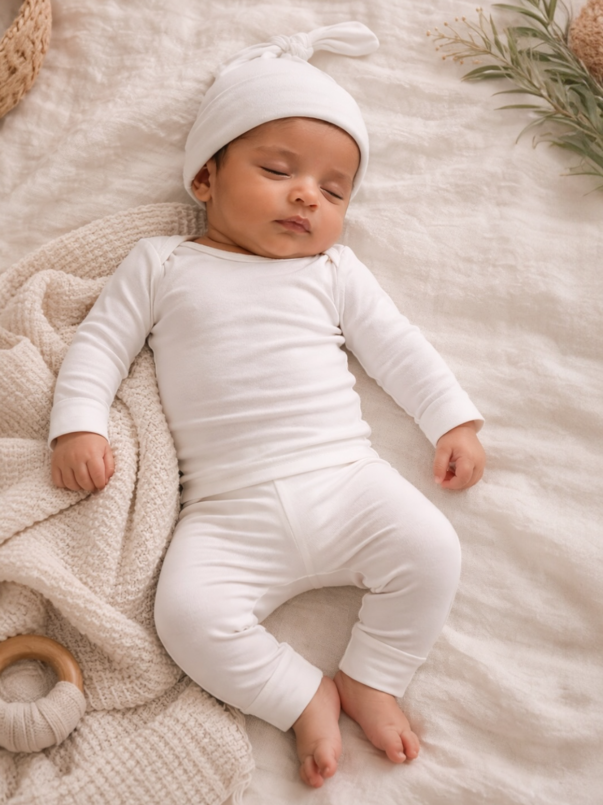 Sleeping baby in white outfit and hat on a soft blanket, surrounded by cozy textures and greenery.