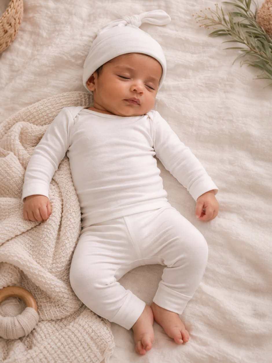 Sleeping baby in white outfit and hat on a soft blanket, surrounded by cozy textures and greenery.