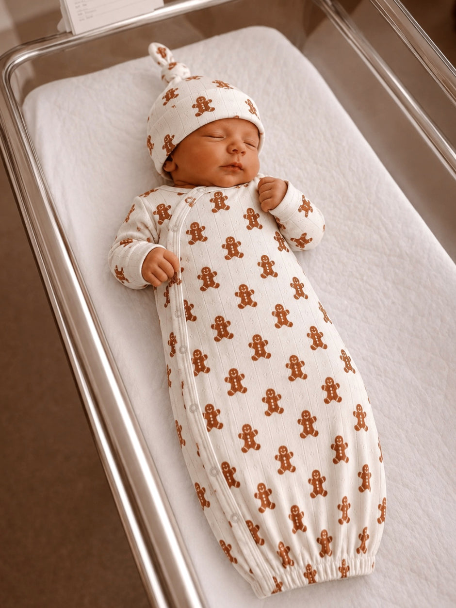 Newborn sleeping in a cozy outfit with gingerbread patterns, lying on a hospital bassinet.
