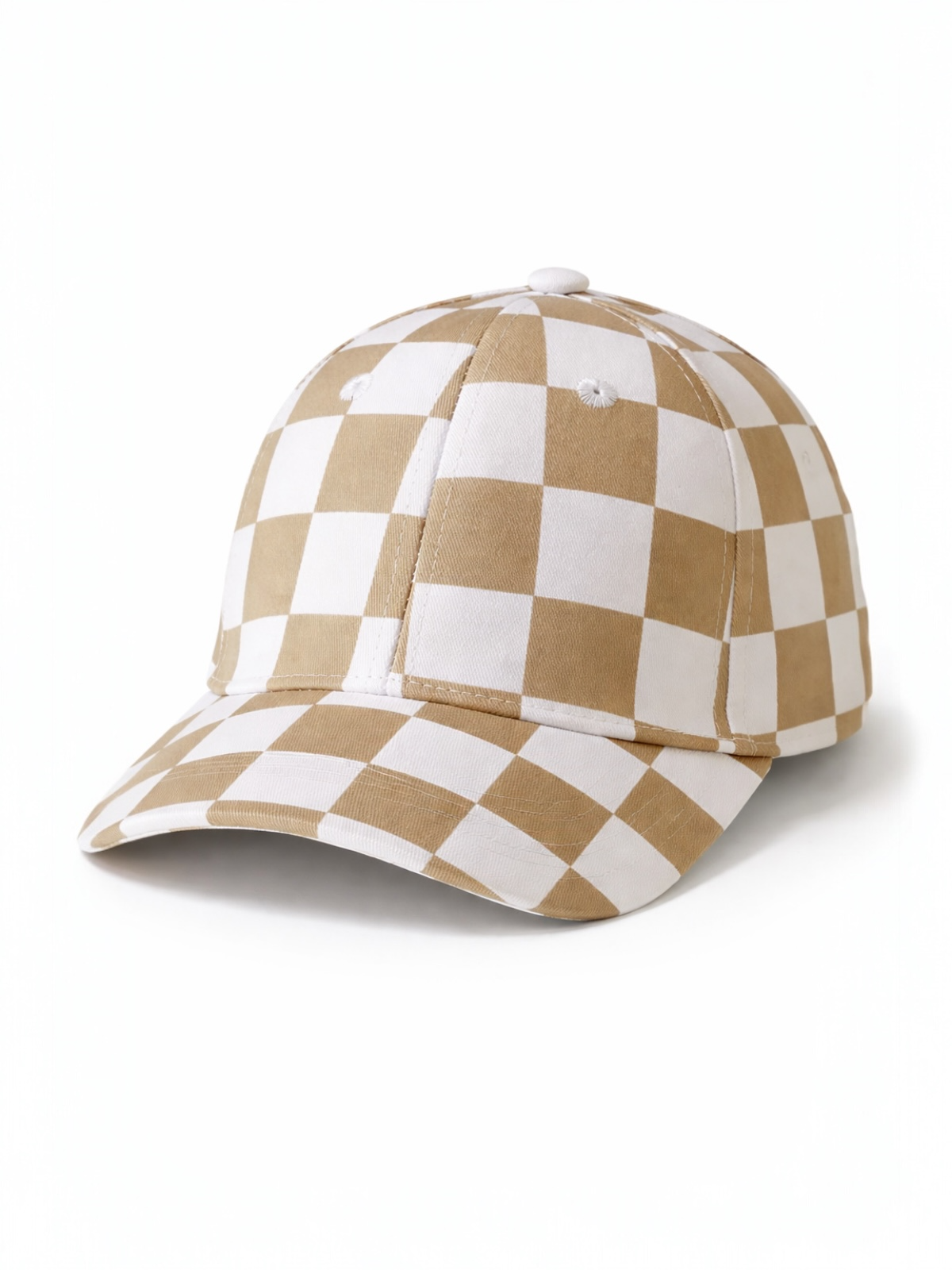 Brown and white checkered baseball cap with a curved visor, shown at an angle.