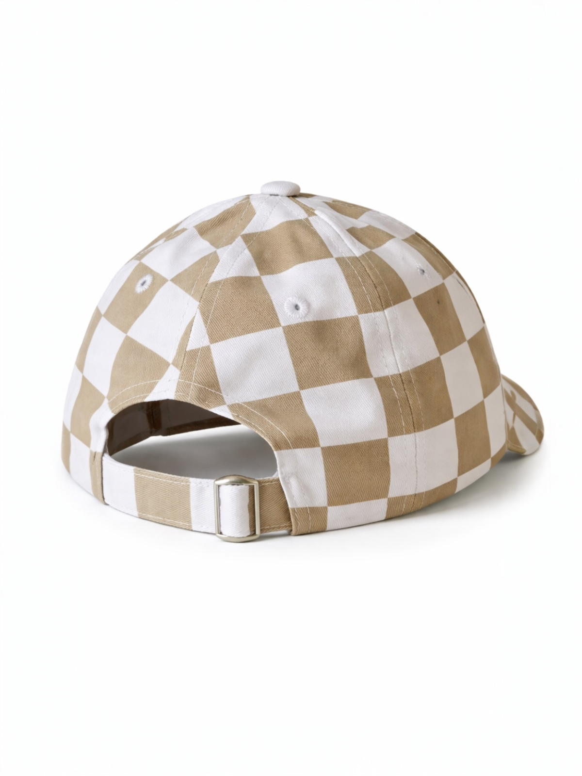 Back view of a beige and white checkered baseball cap with an adjustable buckle strap.