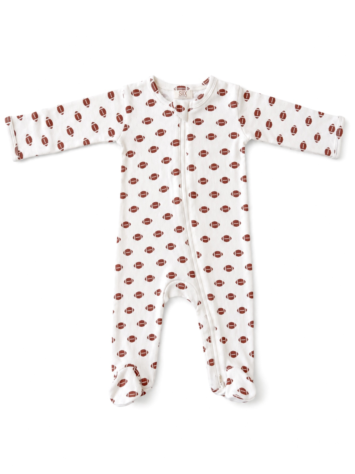White infant onesie with a repeated brown football pattern and zipper closure in the front. Perfect for sports fans.