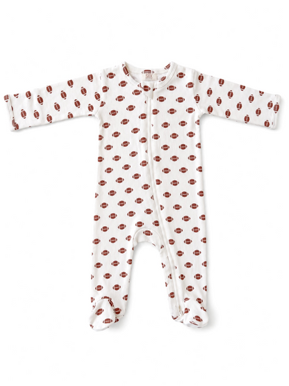 White infant onesie with a repeated brown football pattern and zipper closure in the front. Perfect for sports fans.