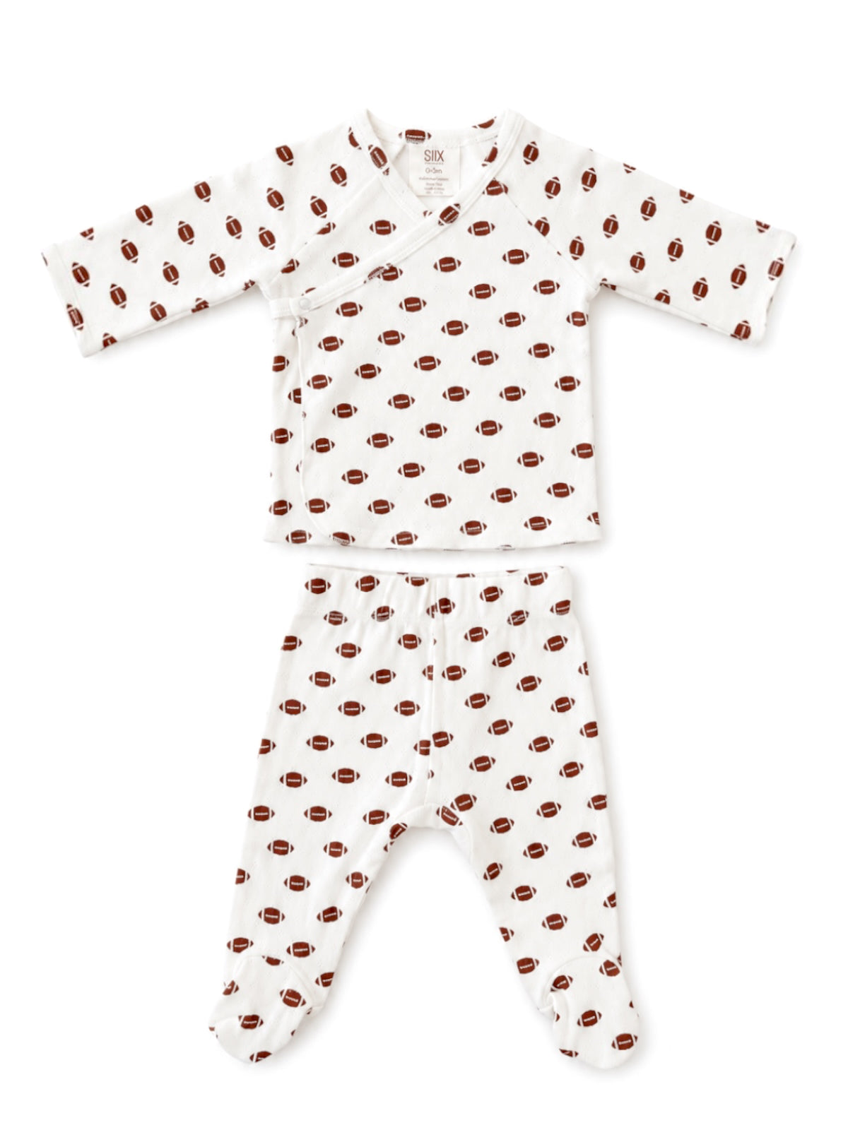 Baby outfit featuring a long-sleeve top and pants with a football pattern on a white background.