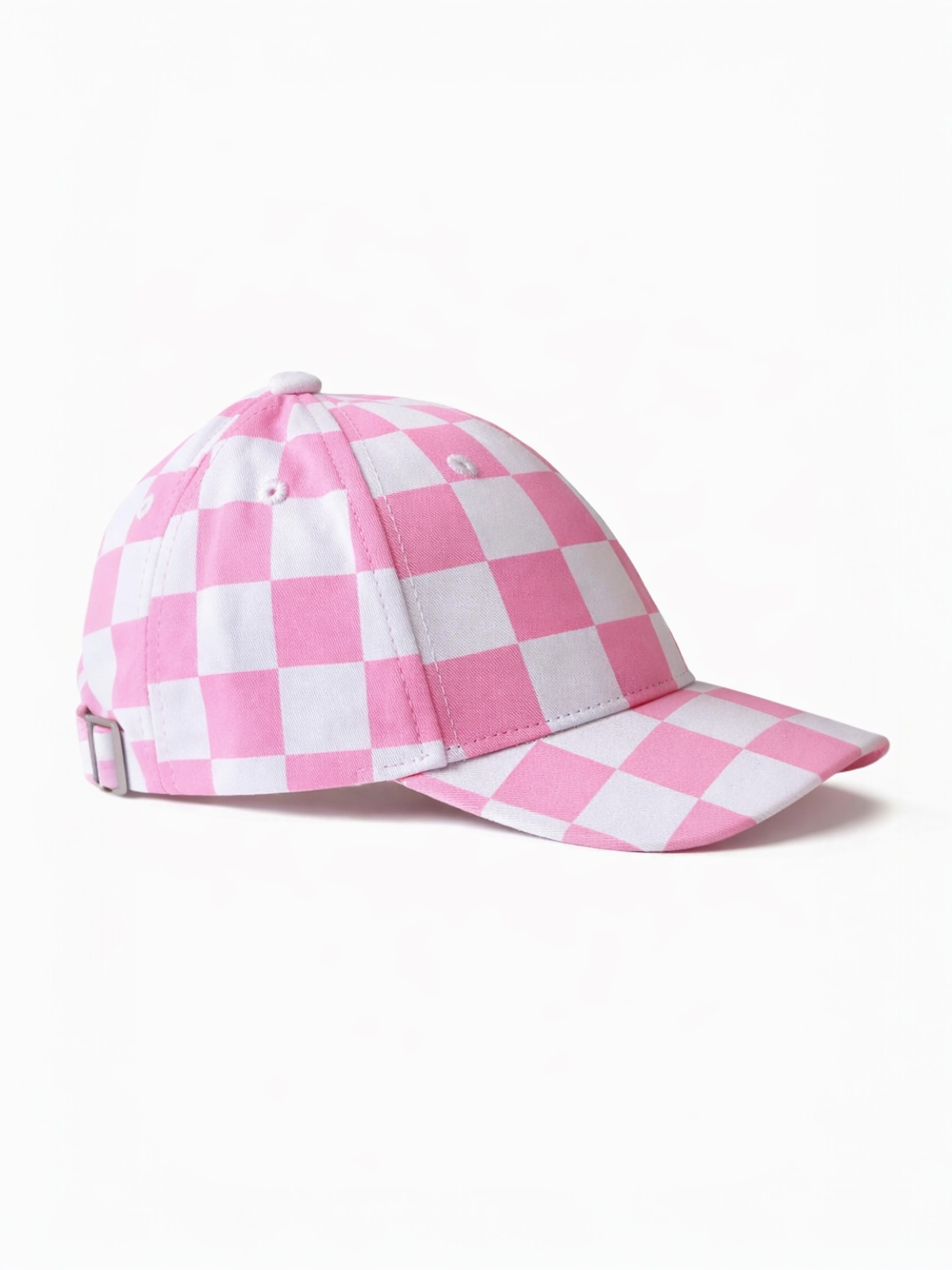 Pink and white checkered baseball cap shown from a side angle against a white background.