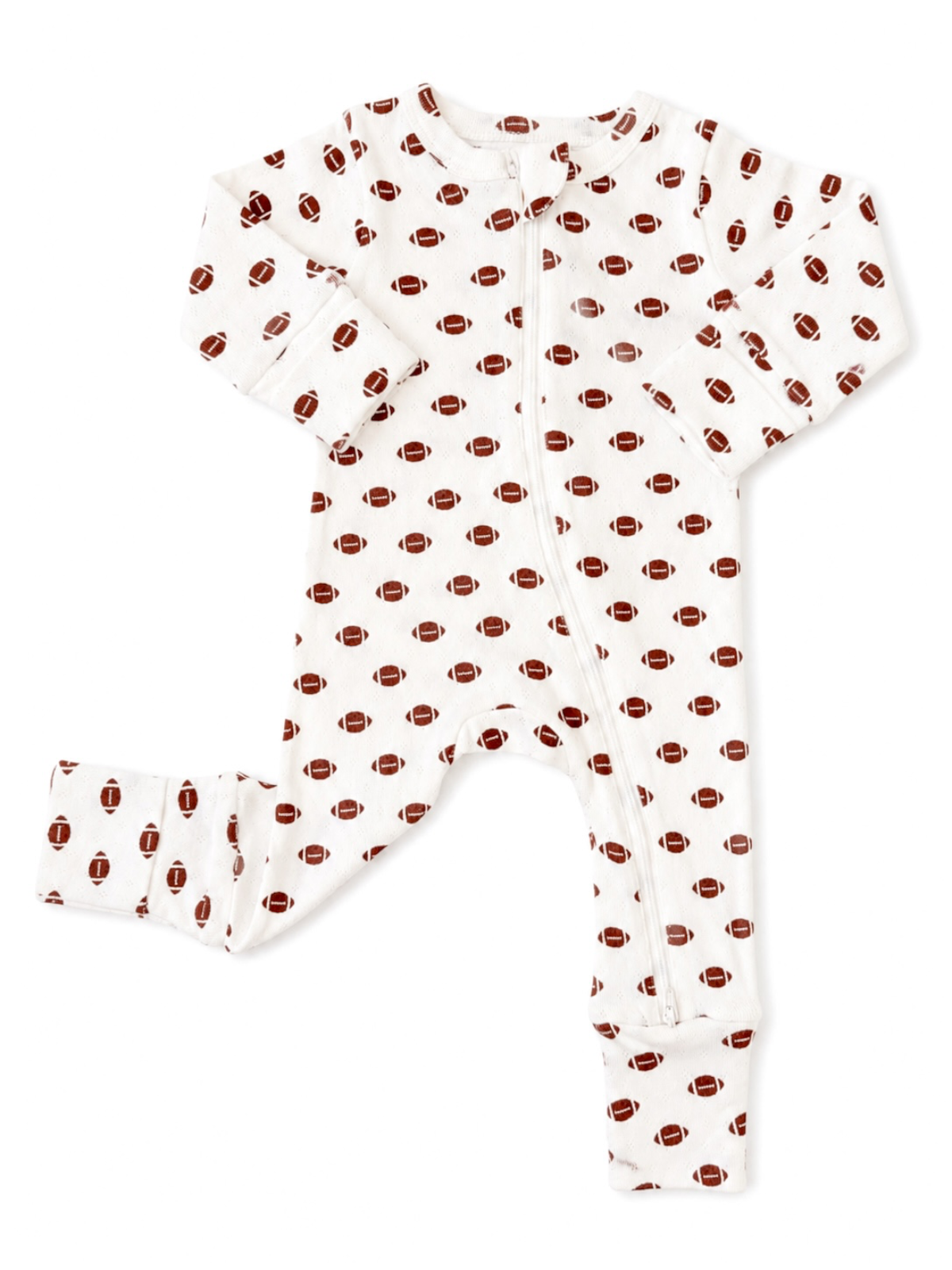 White baby onesie with a football pattern, featuring a zip front and long sleeves.