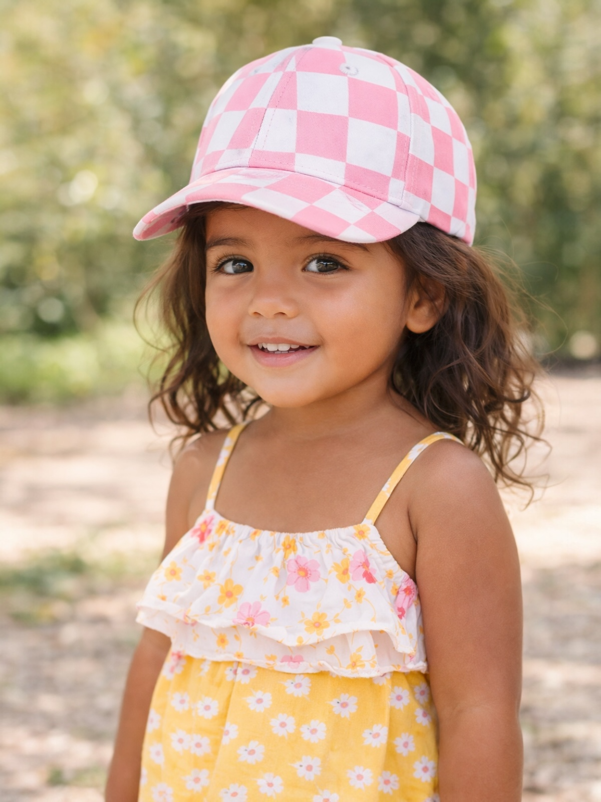 Smiling child with curly hair wearing a pink and white checkered cap and floral summer dress in a natural setting.