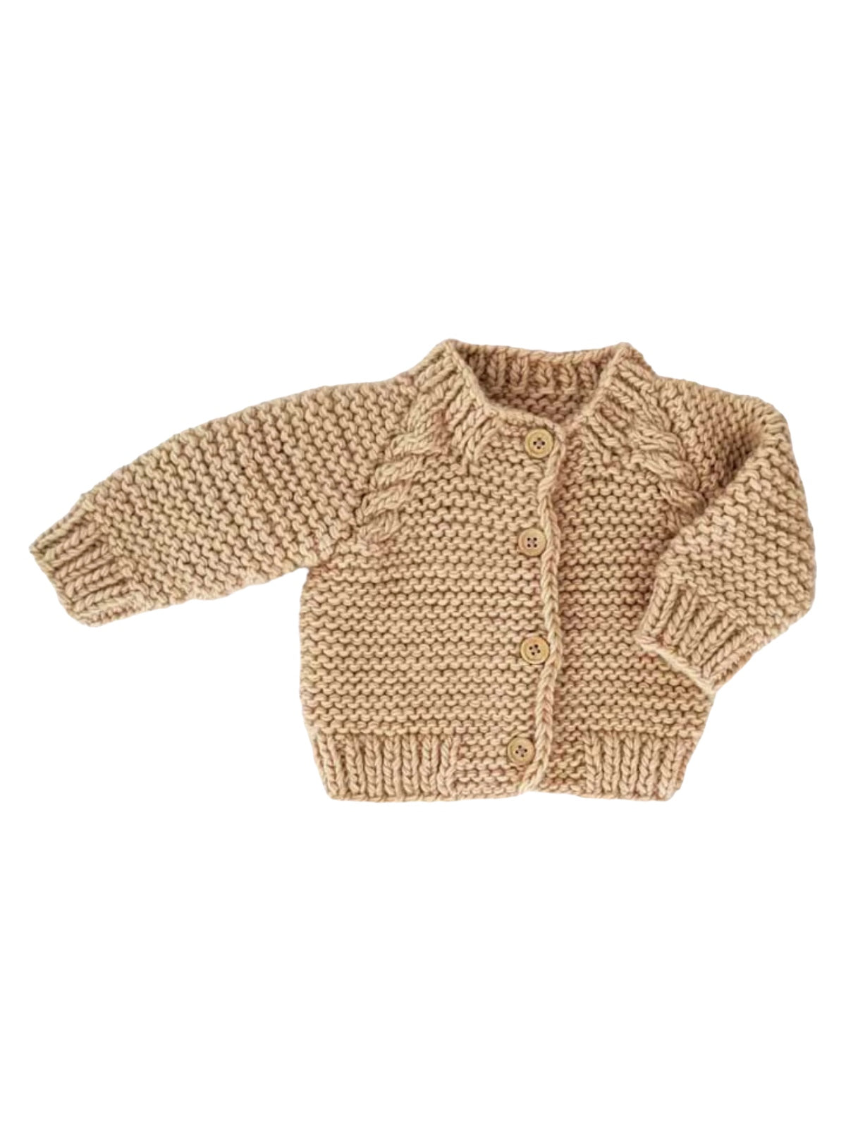 Tan knitted baby cardigan with buttons, featuring a cozy design and textured fabric. Perfect for warm layering.