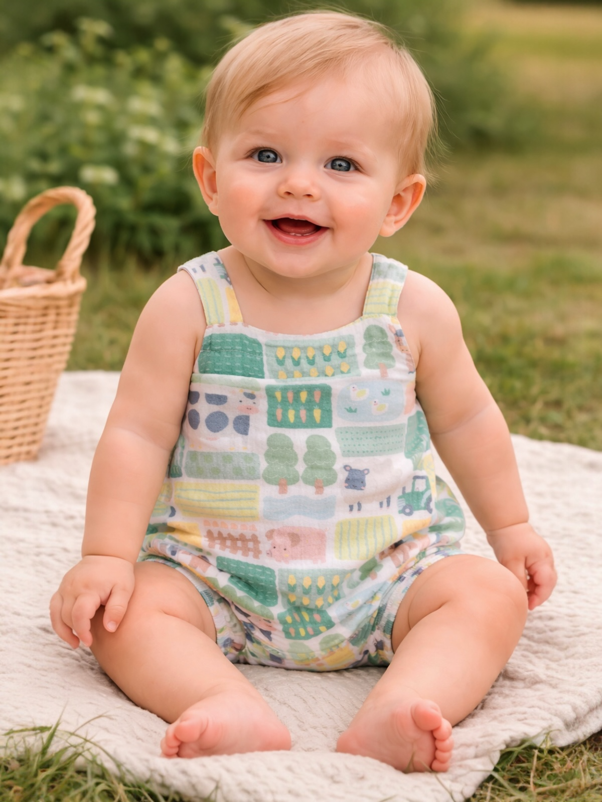 Smiling baby wearing a colorful playsuit, sitting on a blanket outdoors beside a wicker basket.