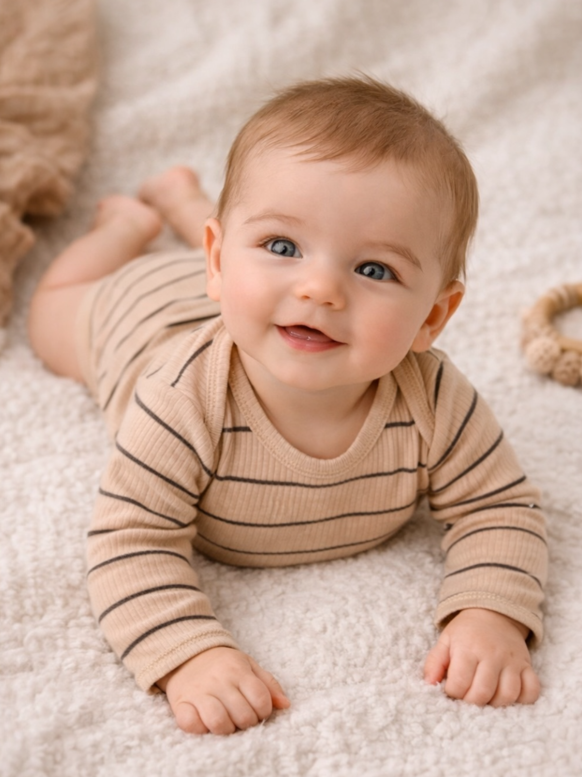 Smiling baby with light brown hair in striped outfit, lying on soft blanket, looking at the camera.