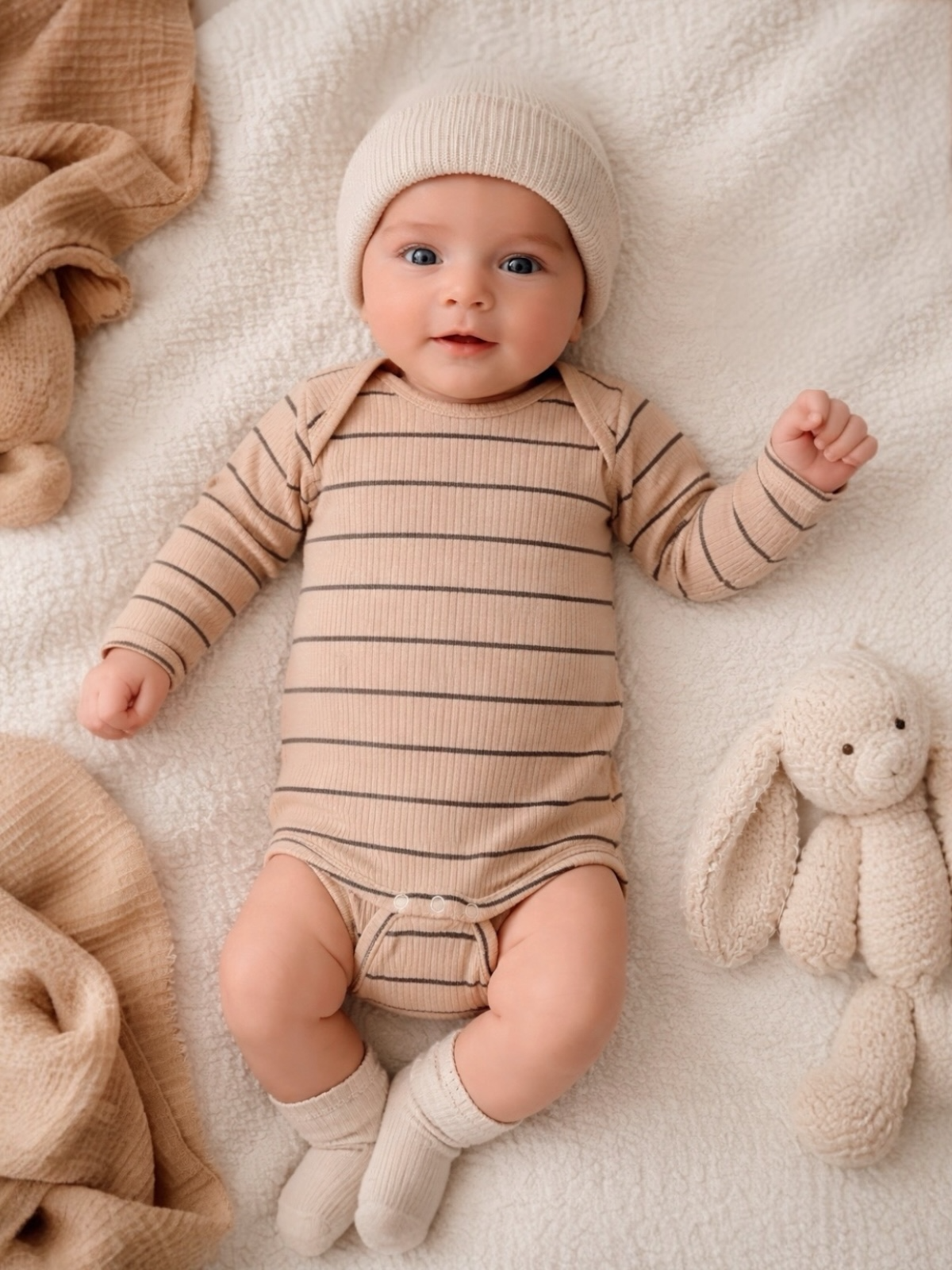 Cute baby in striped onesie and knitted hat, lying on soft blanket next to a plush bunny toy.