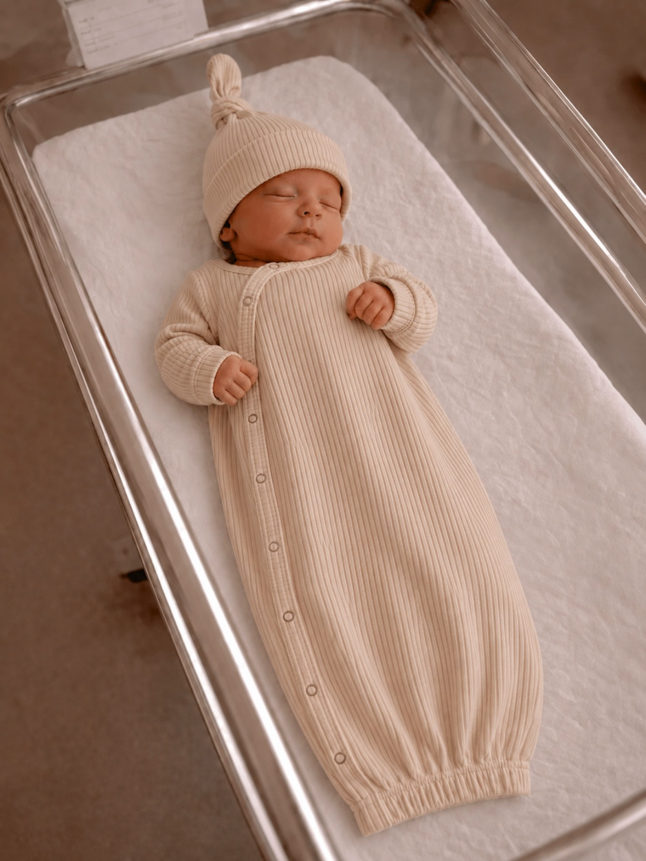 Newborn baby peacefully sleeping in a ribbed beige outfit and hat, in a hospital bassinet.