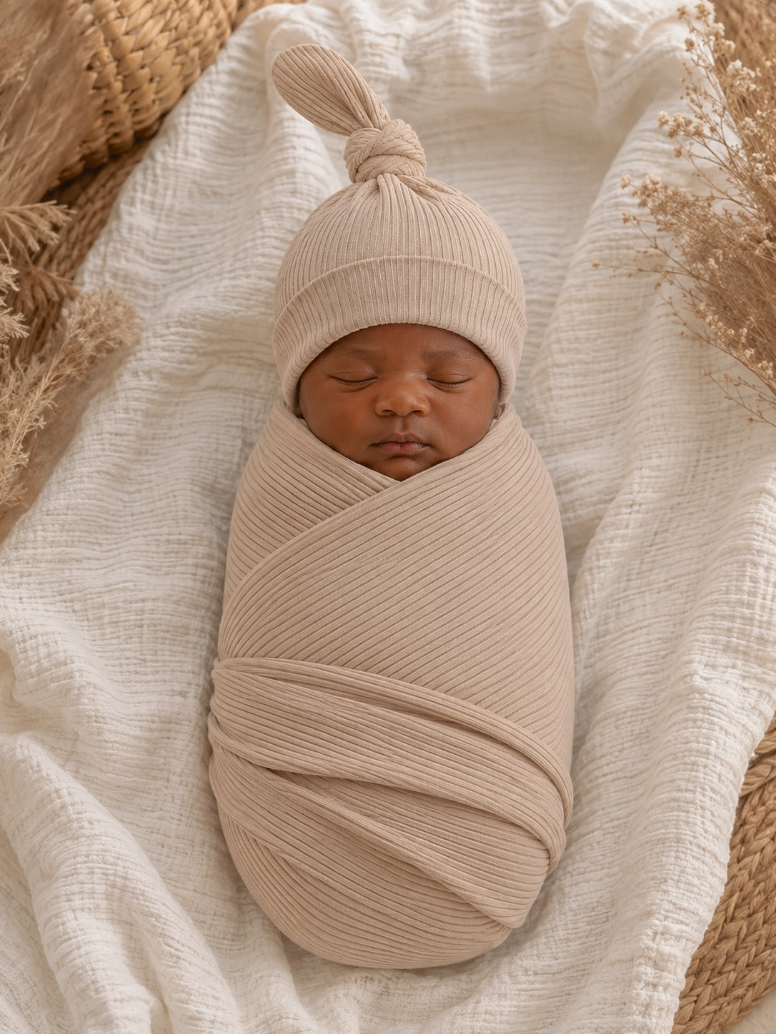 Newborn baby swaddled in a soft beige fabric with a matching hat, resting on a textured white blanket.