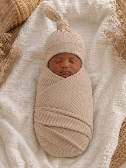 Newborn baby swaddled in a soft beige fabric with a matching hat, resting on a textured white blanket.
