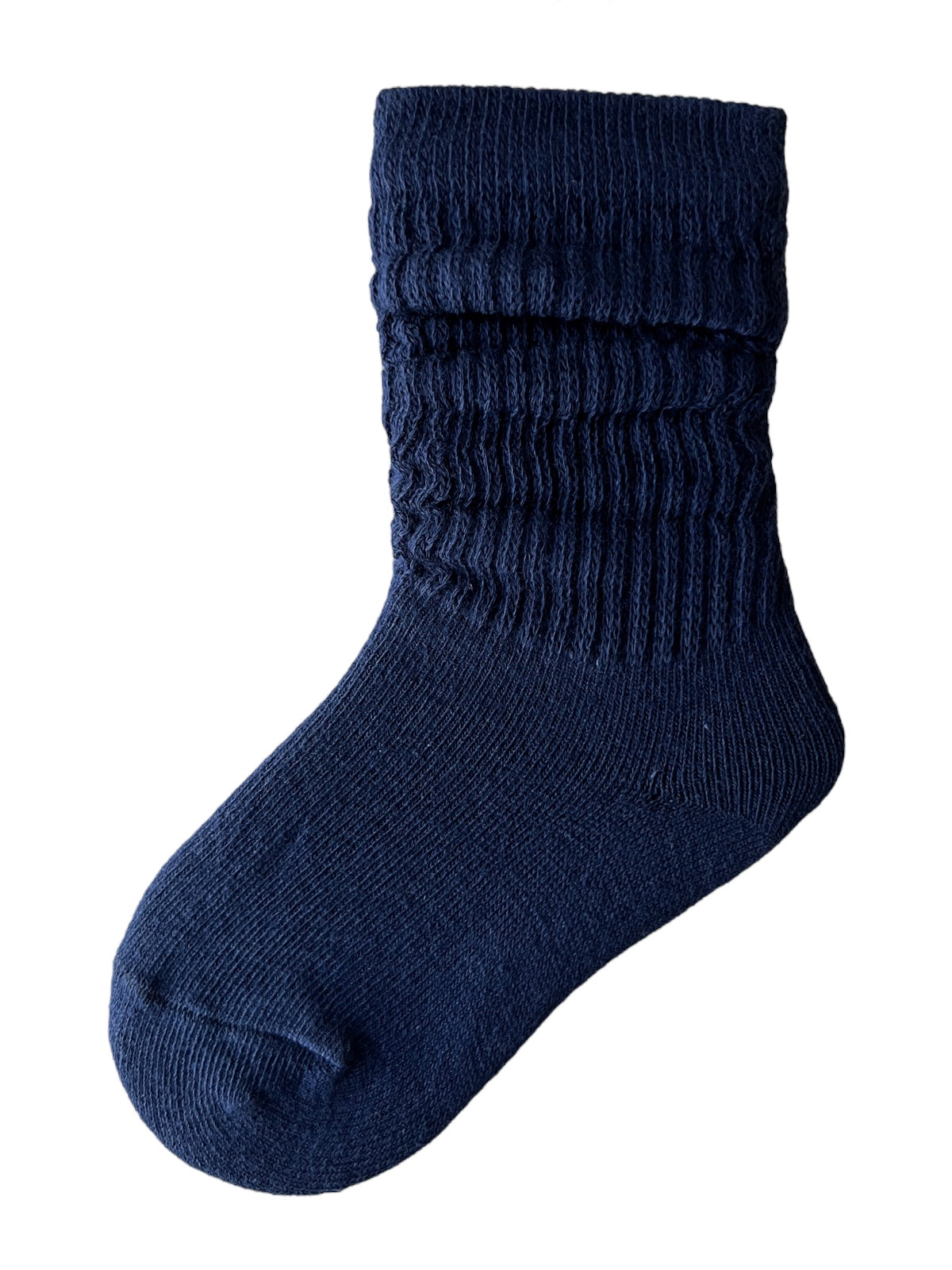 Navy blue ribbed knit sock with a slouchy cuff design, angled on a white background.