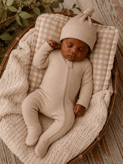 Infant peacefully sleeping in a cozy basket, wearing a beige outfit and matching hat, surrounded by soft textures.