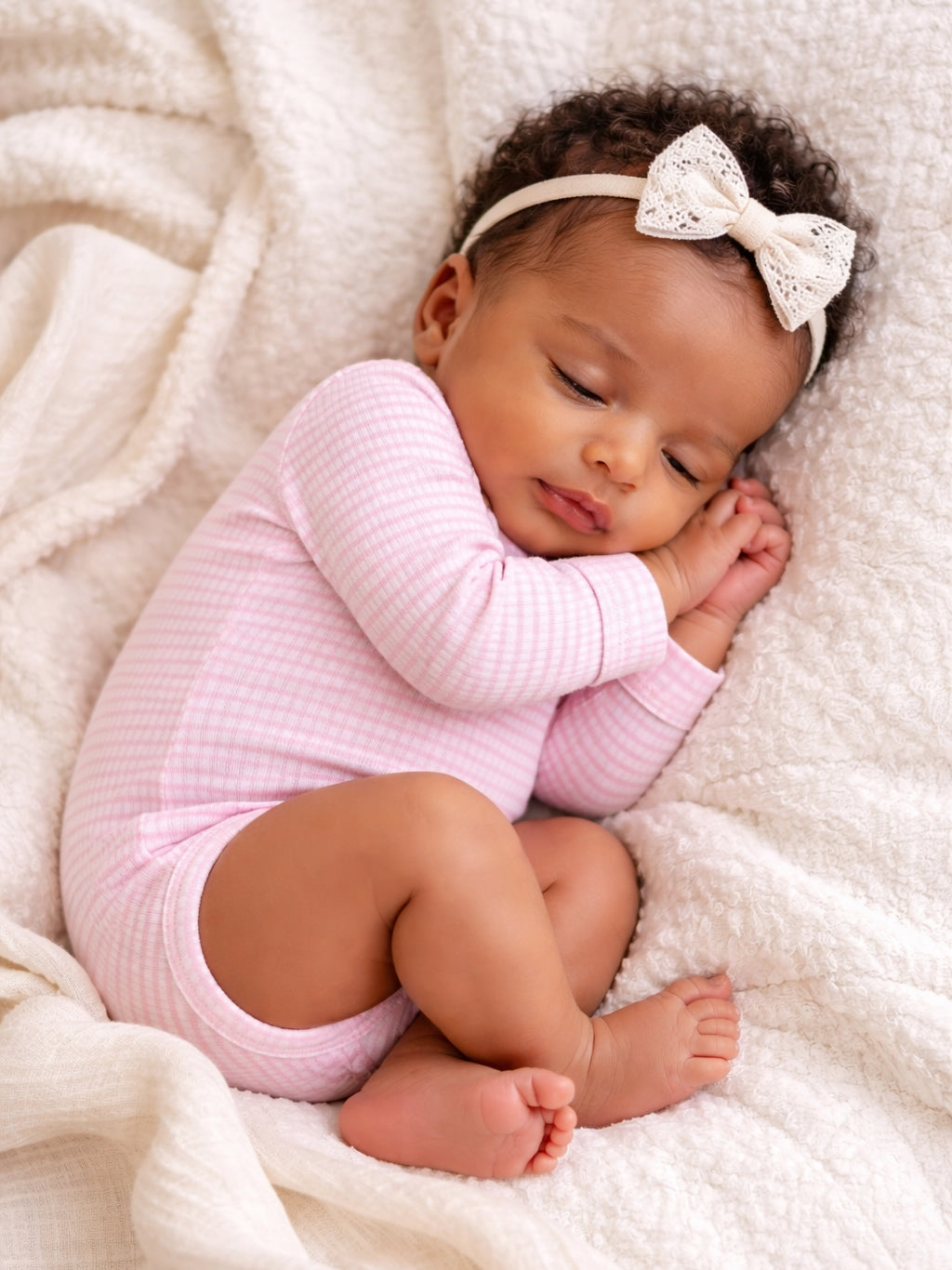 A sleeping baby in a pink onesie rests peacefully on a soft, textured blanket with a lace bow headband.