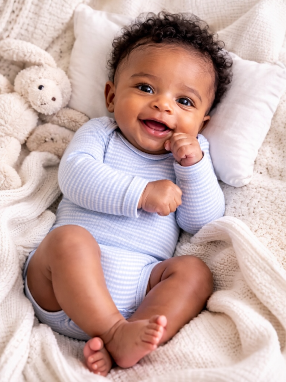 Smiling baby in a blue striped onesie, sitting on a cozy blanket with a stuffed bunny. Happy and playful expression.
