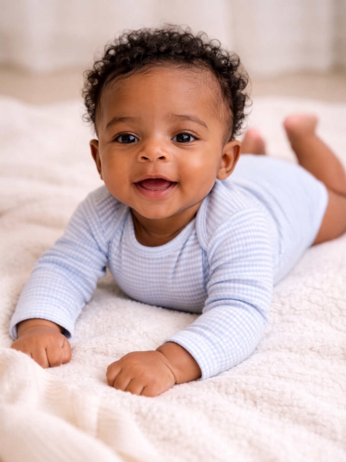 Smiling baby with curly hair wearing a blue onesie, lying on a soft blanket.