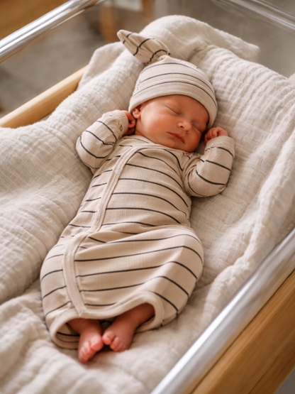 Newborn baby sleeping in a striped outfit and hat, nestled in a cozy bassinet covered with a soft blanket.