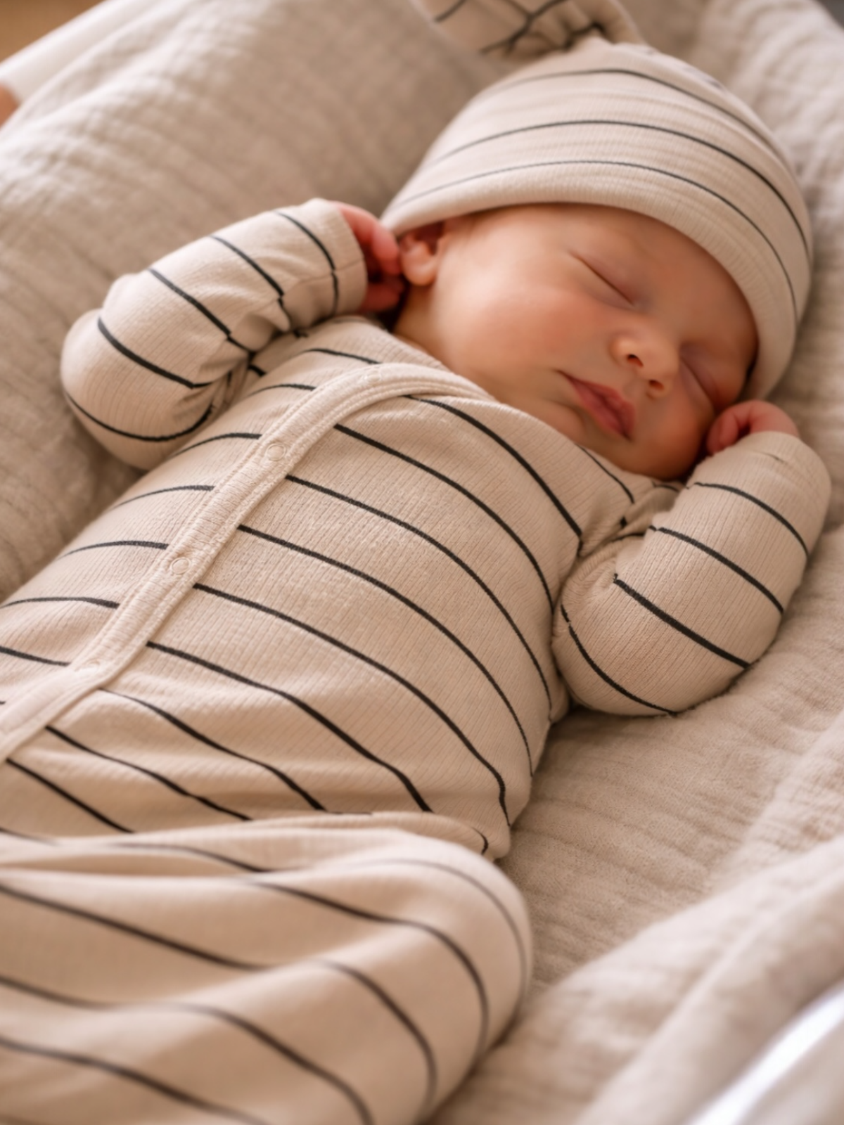 Sleeping baby dressed in a striped onesie and hat, nestled comfortably on a soft blanket.