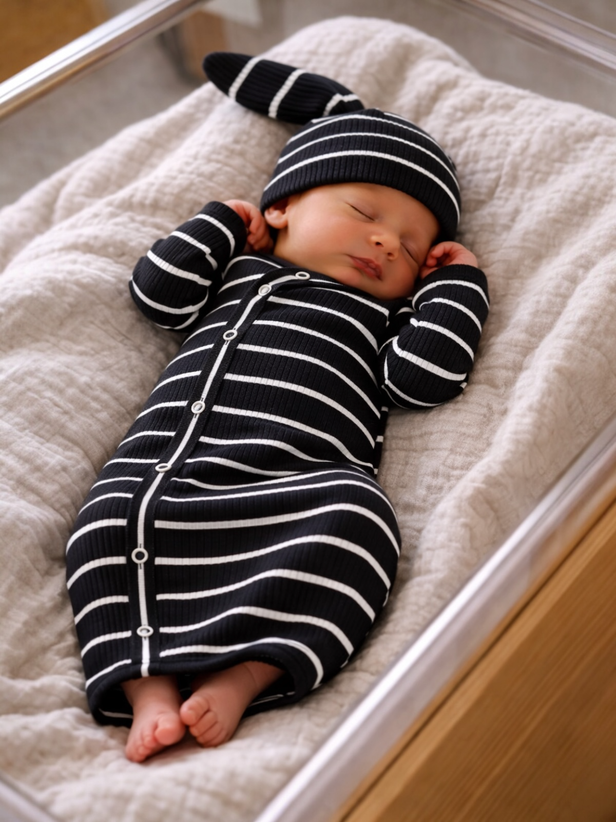 Sleeping baby in a black and white striped outfit with bunny ears, nestled in a cozy blanket.