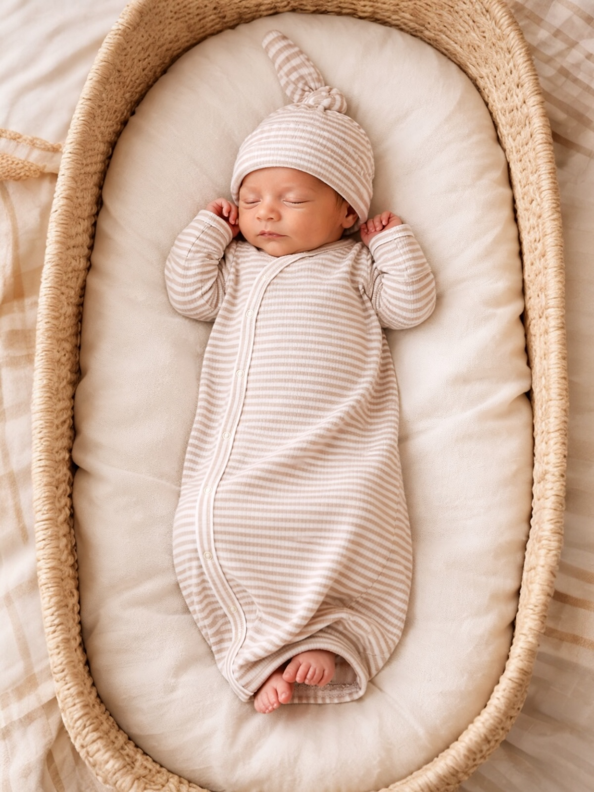 Newborn baby sleeping peacefully in a cozy basket, wearing a beige striped outfit and matching hat.
