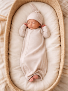 Newborn baby sleeping peacefully in a cozy basket, wearing a beige striped outfit and matching hat.