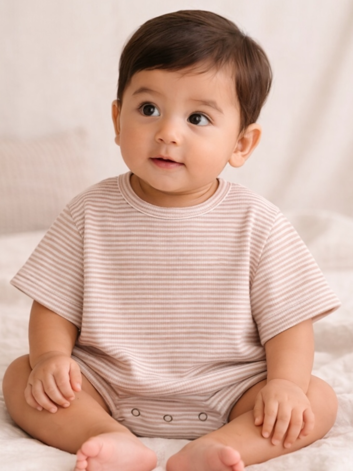 Smiling baby in a striped onesie, sitting on a soft surface with a neutral background.