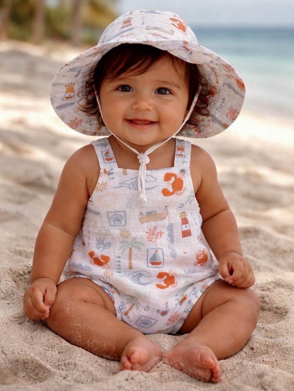 Smiling baby in a patterned sun hat and romper sitting on the beach, surrounded by soft sand.