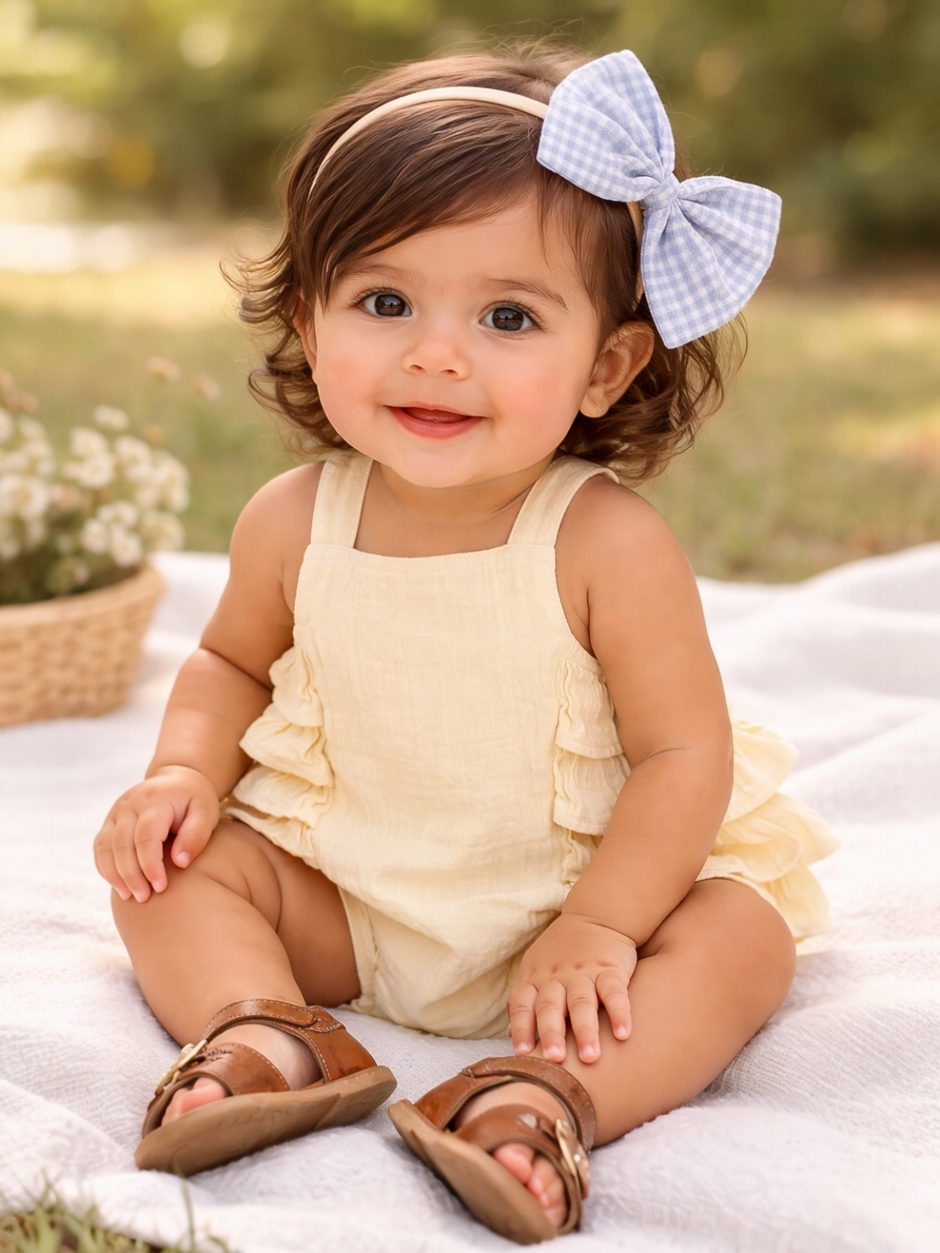 Smiling baby girl in a yellow romper and blue bow, sitting on a blanket outdoors with flowers nearby.