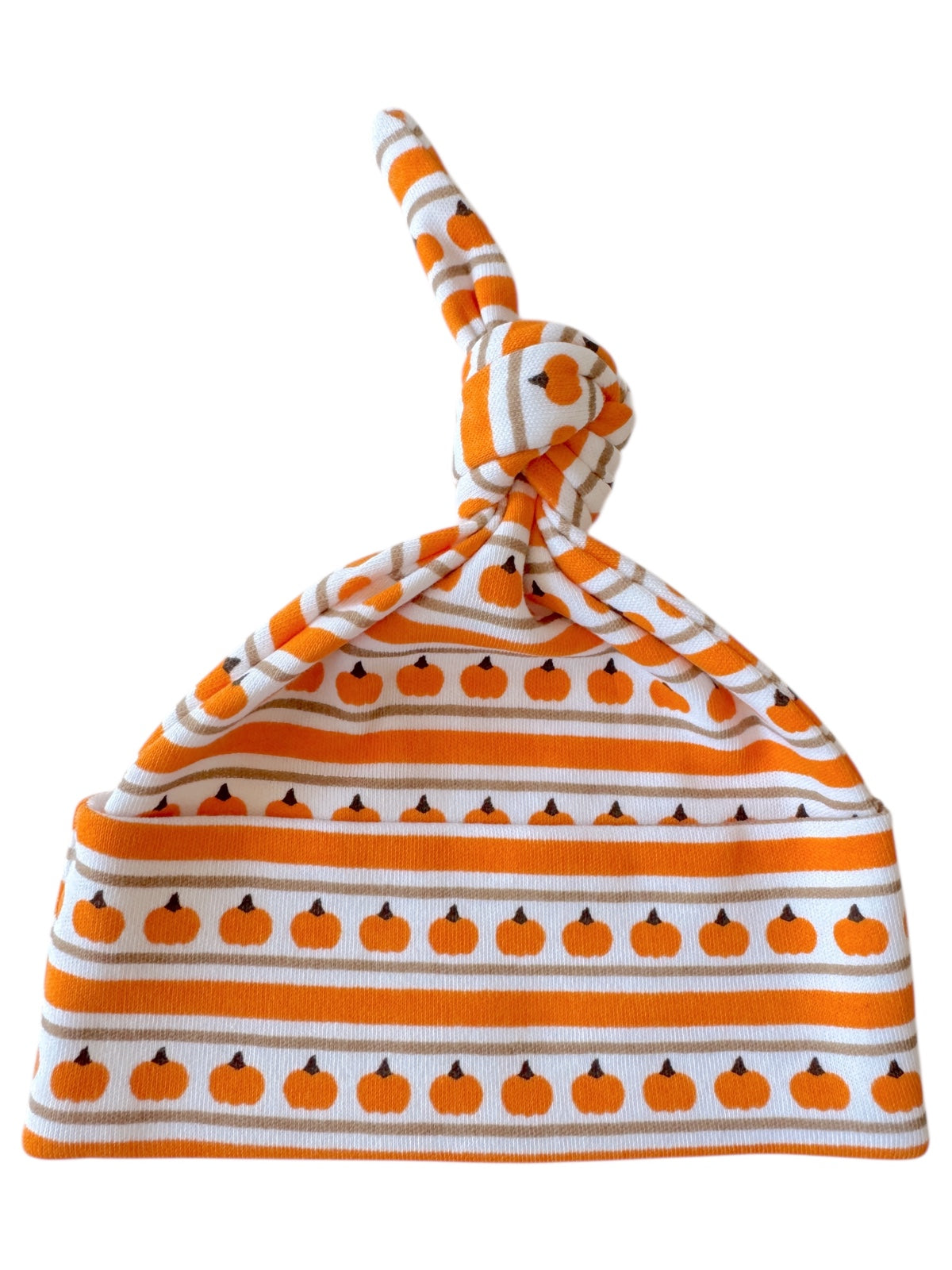 Striped baby hat featuring orange pumpkins, perfect for fall and Halloween.
