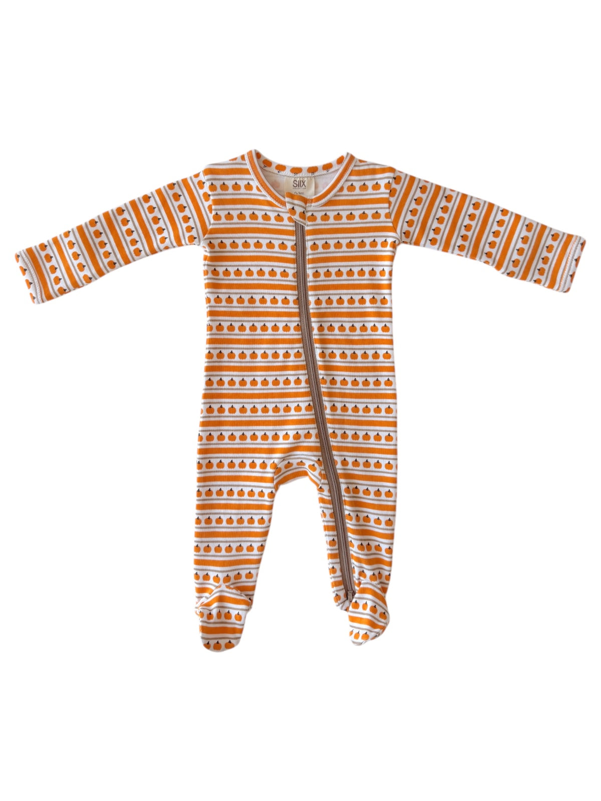 Orange and white striped baby onesie with pumpkin pattern and front zipper.