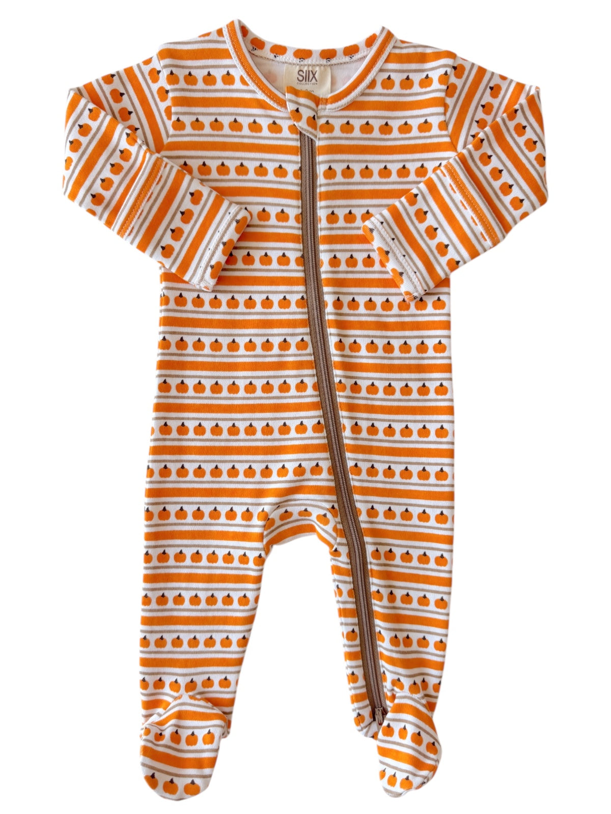 Infant footed pajamas with orange pumpkin pattern and brown zipper, suitable for fall and Halloween.
